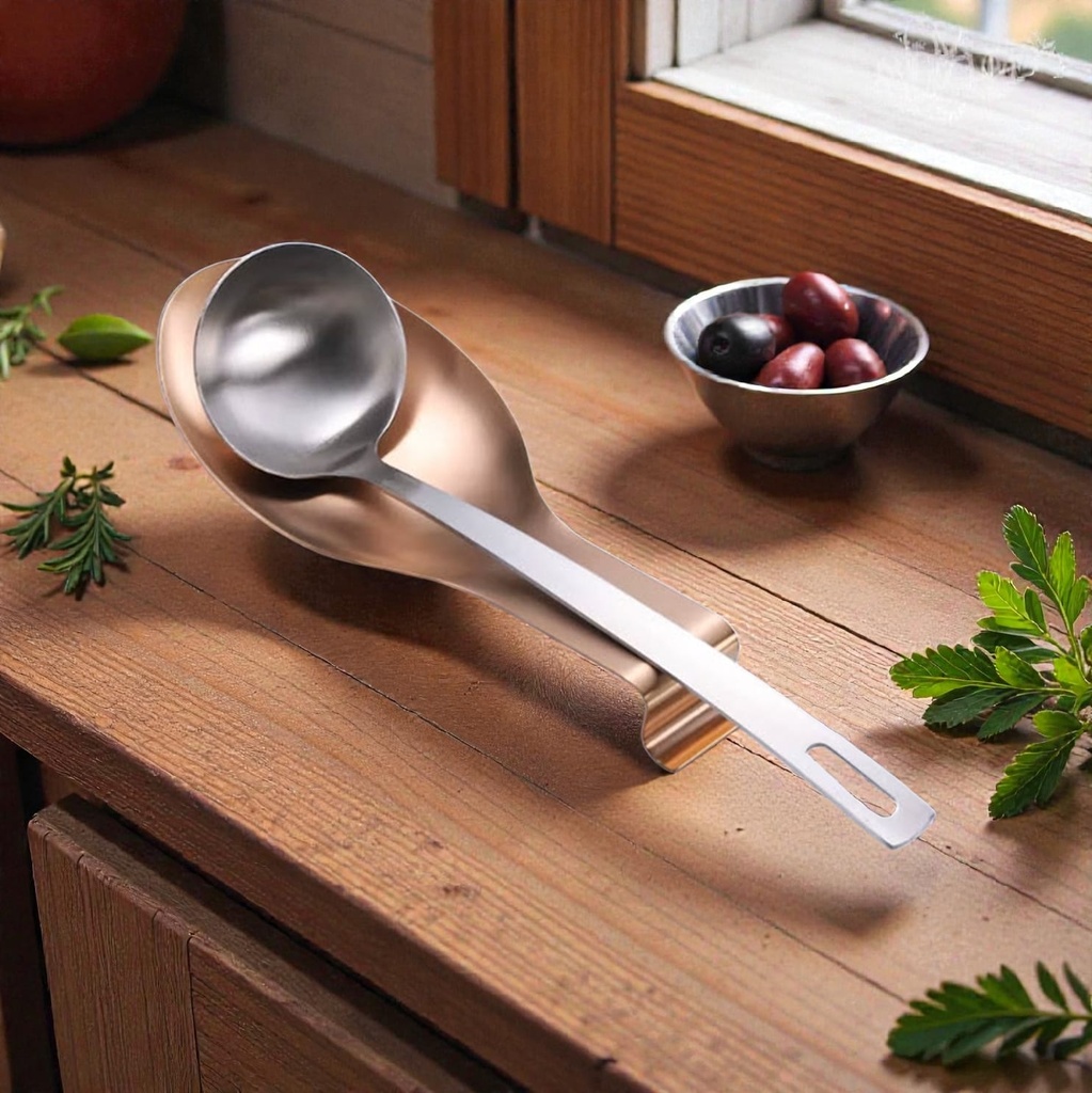 Reposa espumadera cucharon sobre mesada metálica Cobre