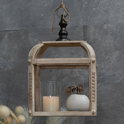 [DT9010] Fanal madera rustico con porta vela en vidrio